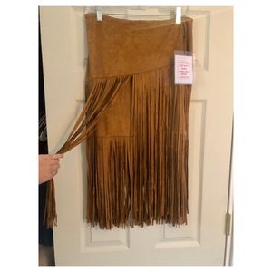 Faux suede tan fringe skirt
